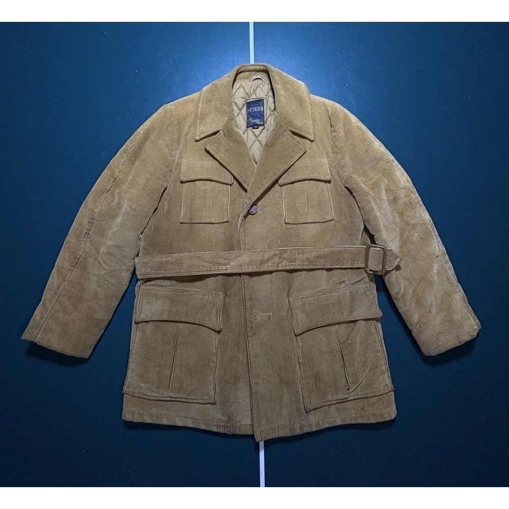 Vintage Corduroy Jacket Coat Belted Quilted Fur Men's 40 Tan Retro Chore 60s 70s